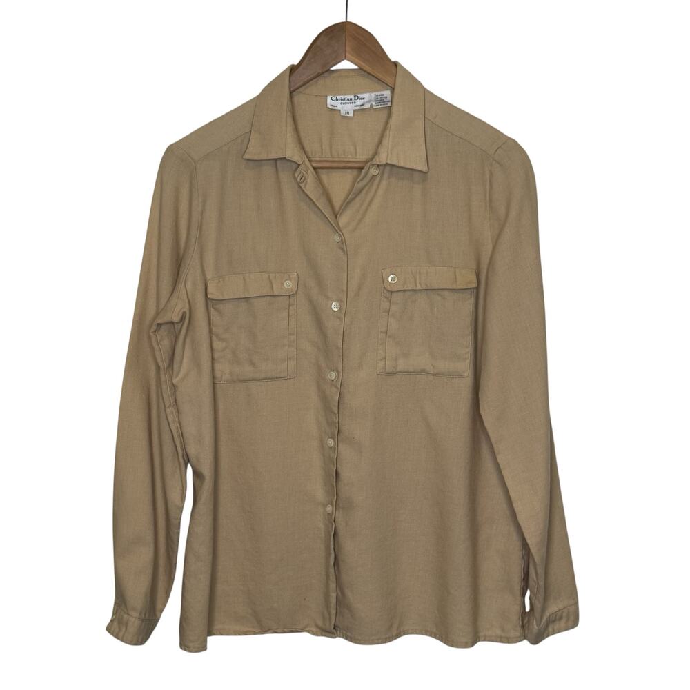 Christian Dior Wool Cotton Size 14 Tan Button Up Blouse Pockets Vintage